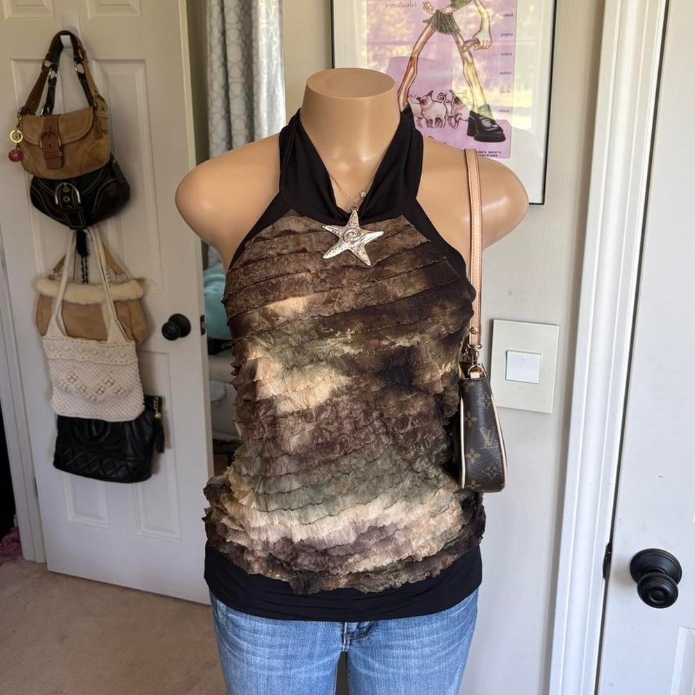 Y2K Earth Tone Ruffle Halter Top Fairycore Boho